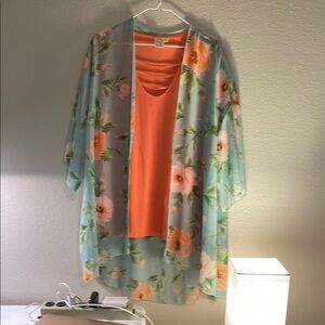 Floral Kimono Cardigan with Orange Top